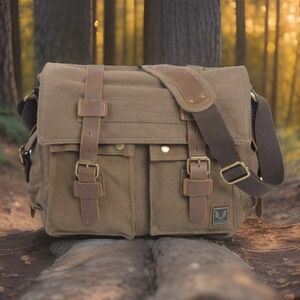Brown Tactical Messenger Bag Mens Waxed Canvas Leather Straps Brass Hardware New